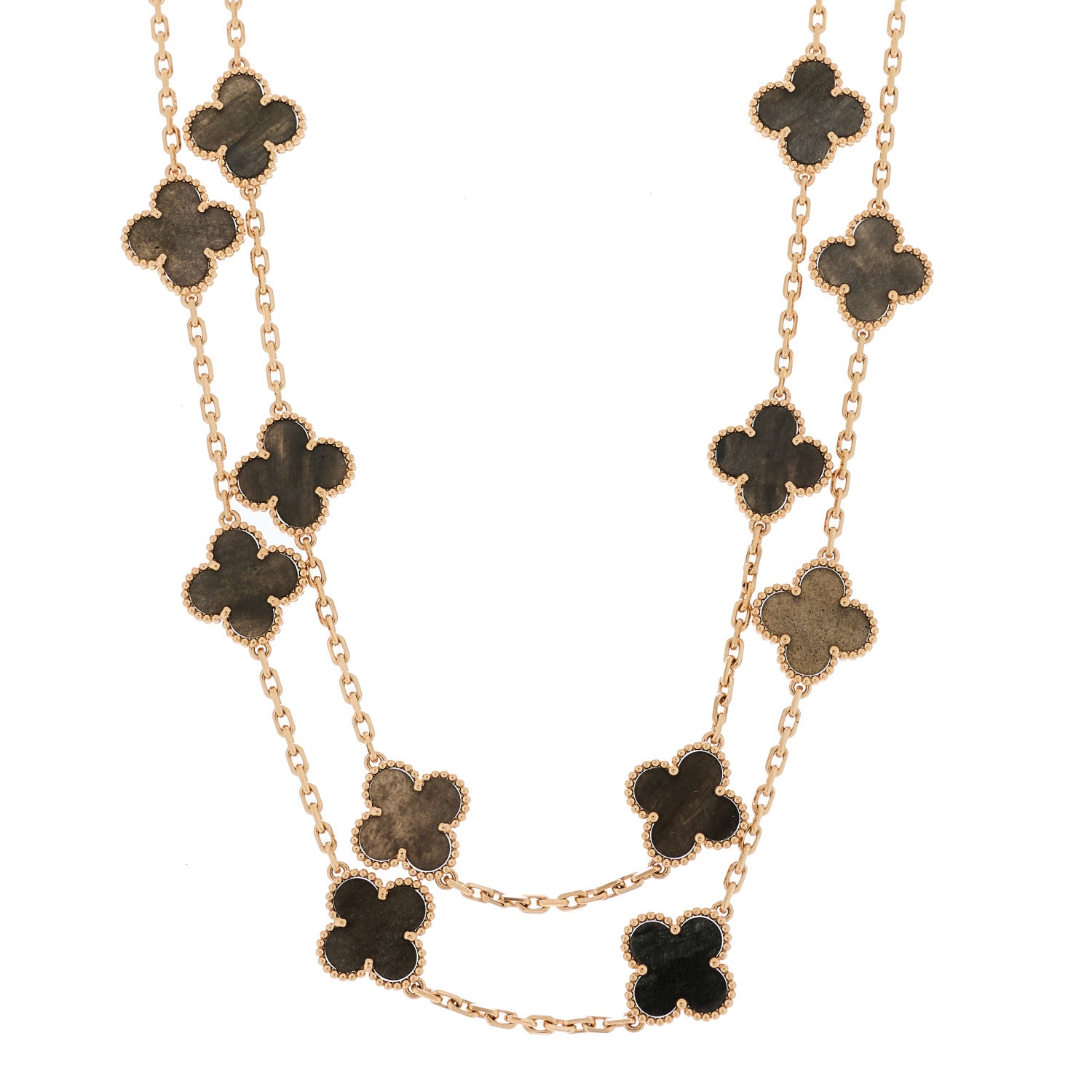 18K Rose Gold Silver Obsidian 20 Motifs Vintage Alhambra Necklace