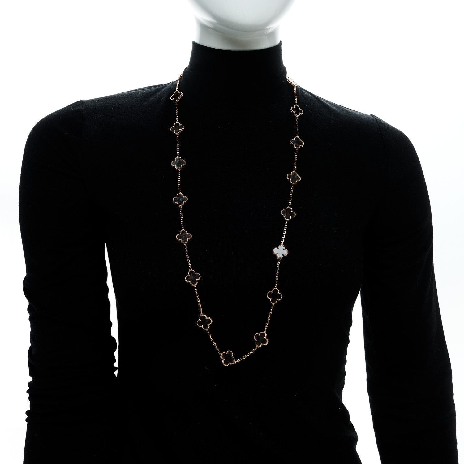 18K Rose Gold Silver Obsidian 20 Motifs Vintage Alhambra Necklace — view 2