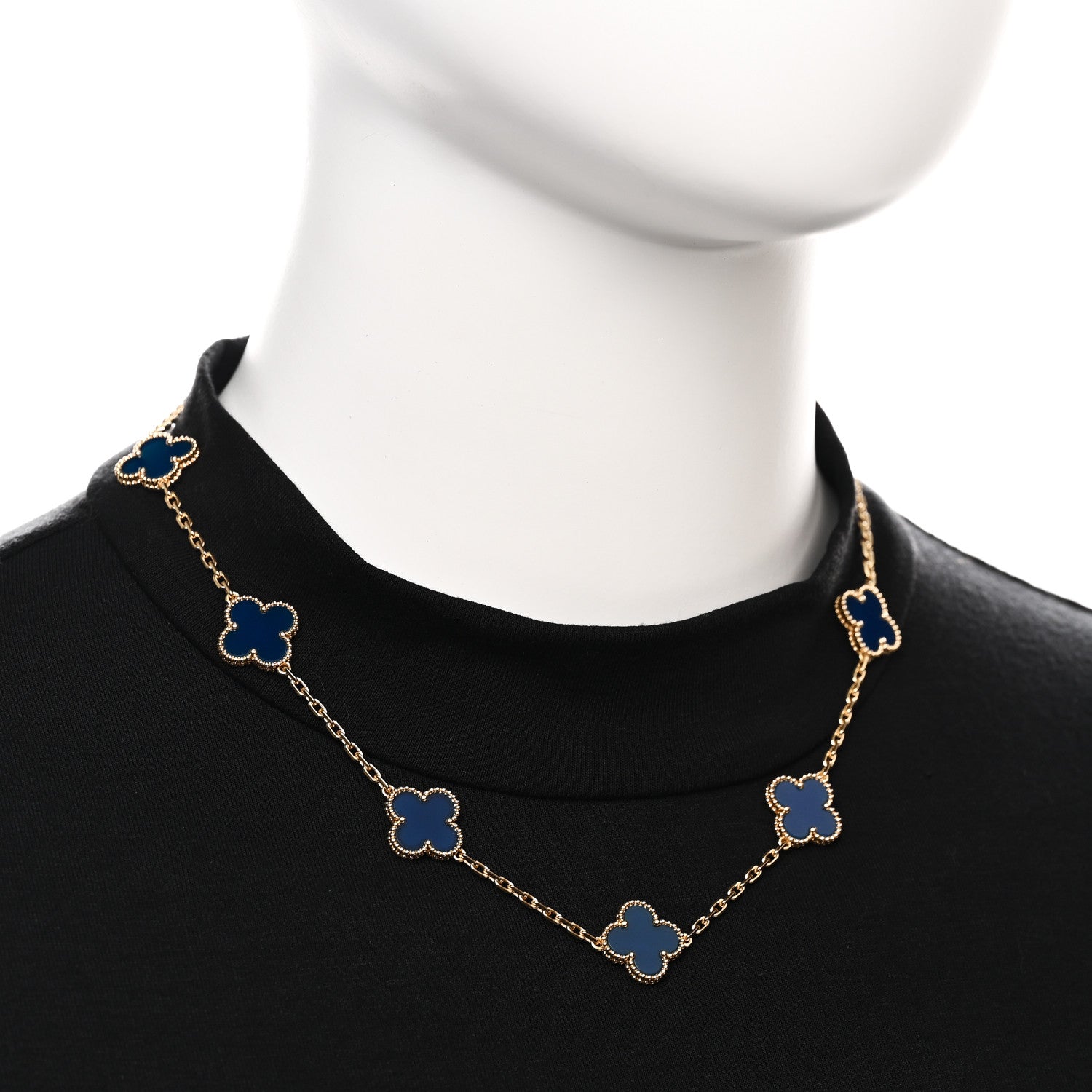 18K Yellow Gold Blue Agate 10 Motifs Vintage Alhambra Necklace — view 2