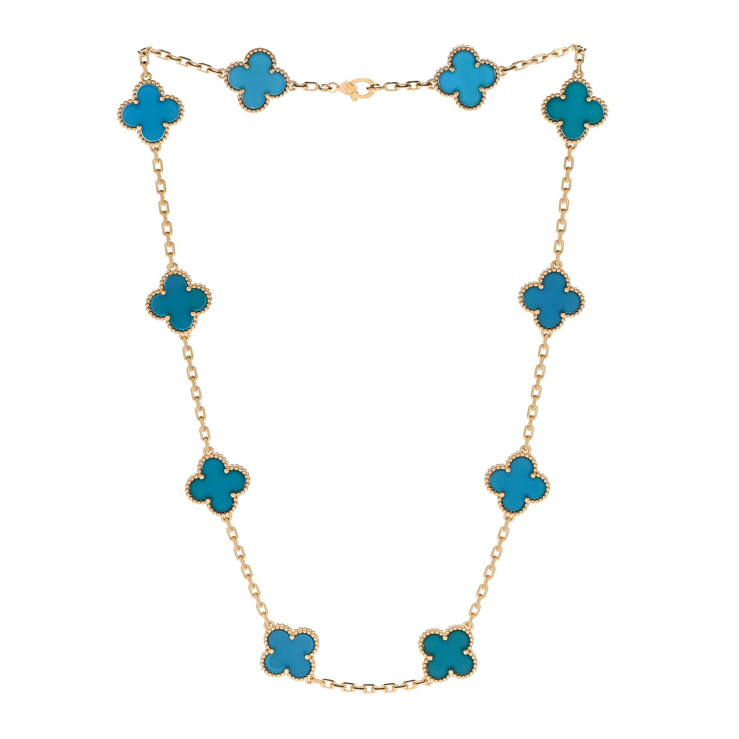 18K Yellow Gold Blue Agate 10 Motifs Vintage Alhambra Necklace — view 3