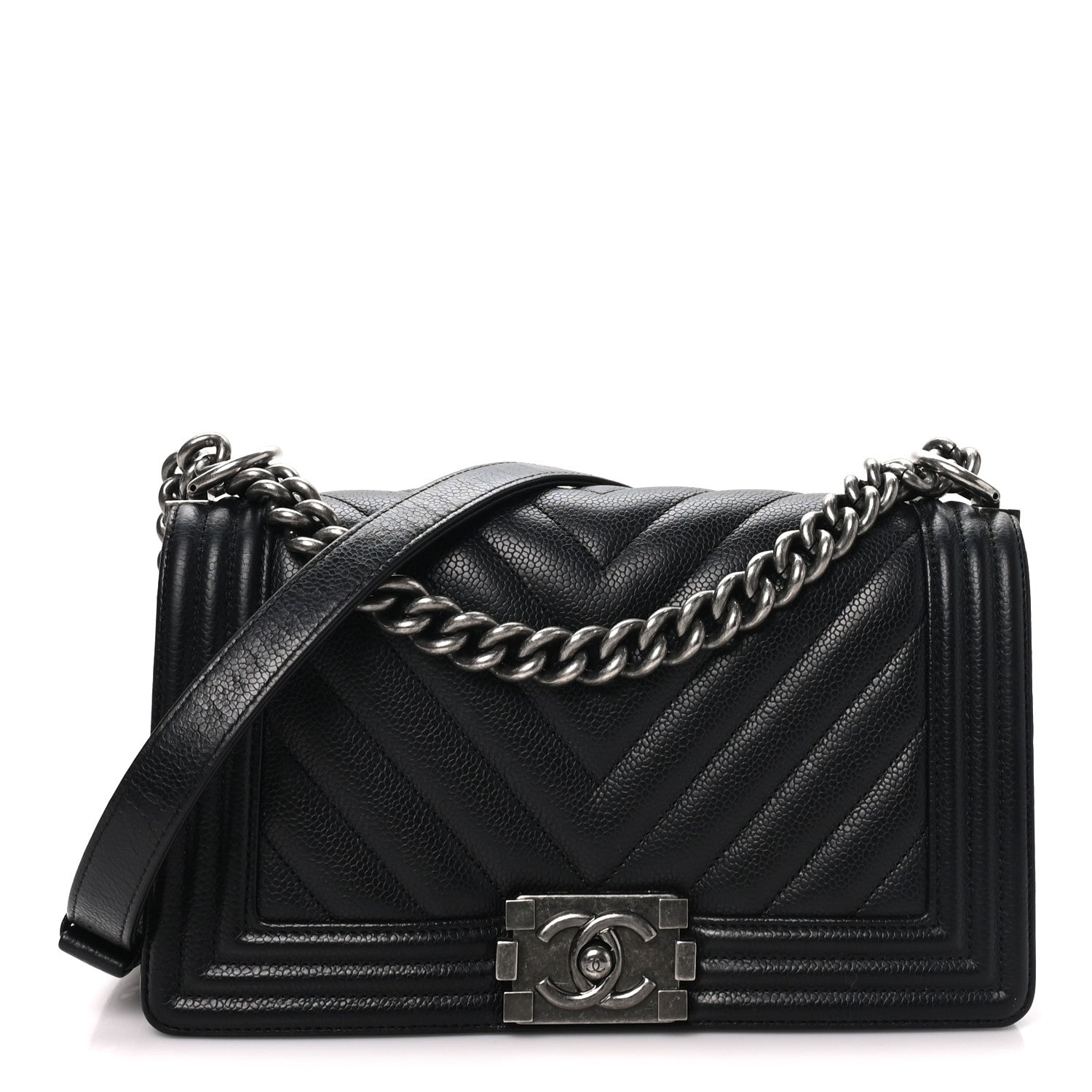 Caviar Chevron Quilted Medium Boy Flap Black — view 1