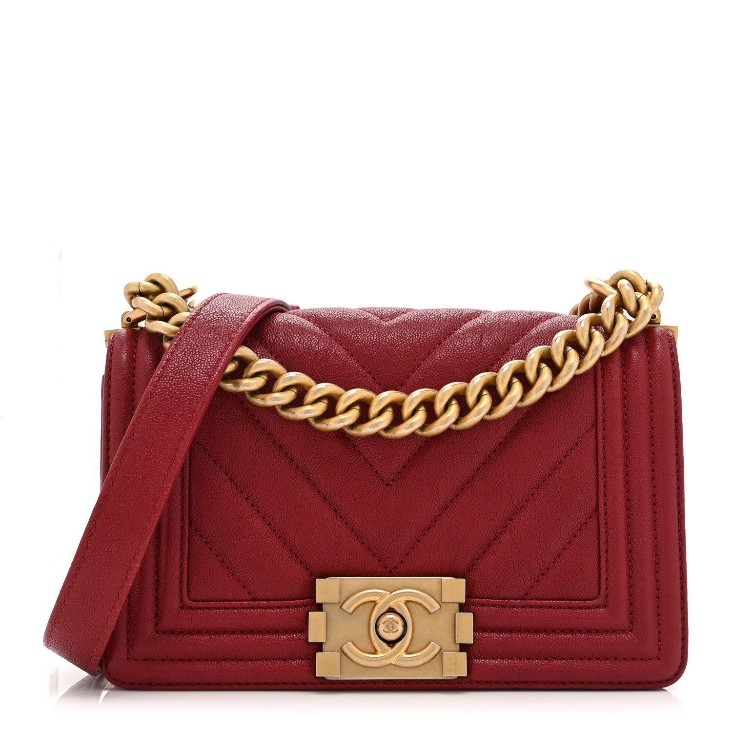 Caviar Chevron Quilted Small Boy Flap Dark Red
