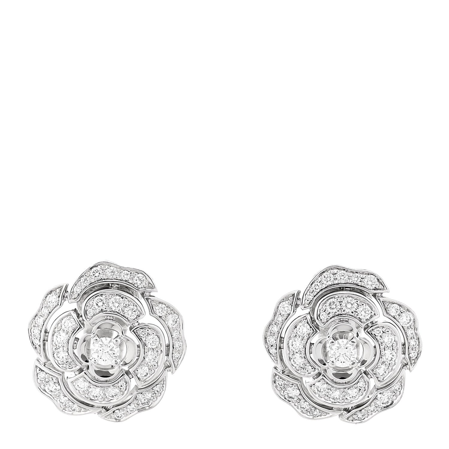 18K White Gold Diamond Bouton de Camelia Earrings