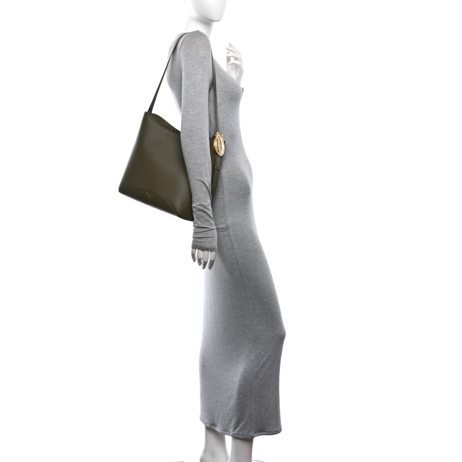 Grained Calfskin Medium Medaillon Bucket Bag Khaki — view 3