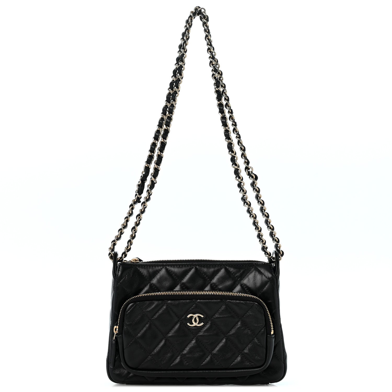 Shiny Crumpled Lambskin Quilted Small Preppy Pocket Clutch With Chain Black