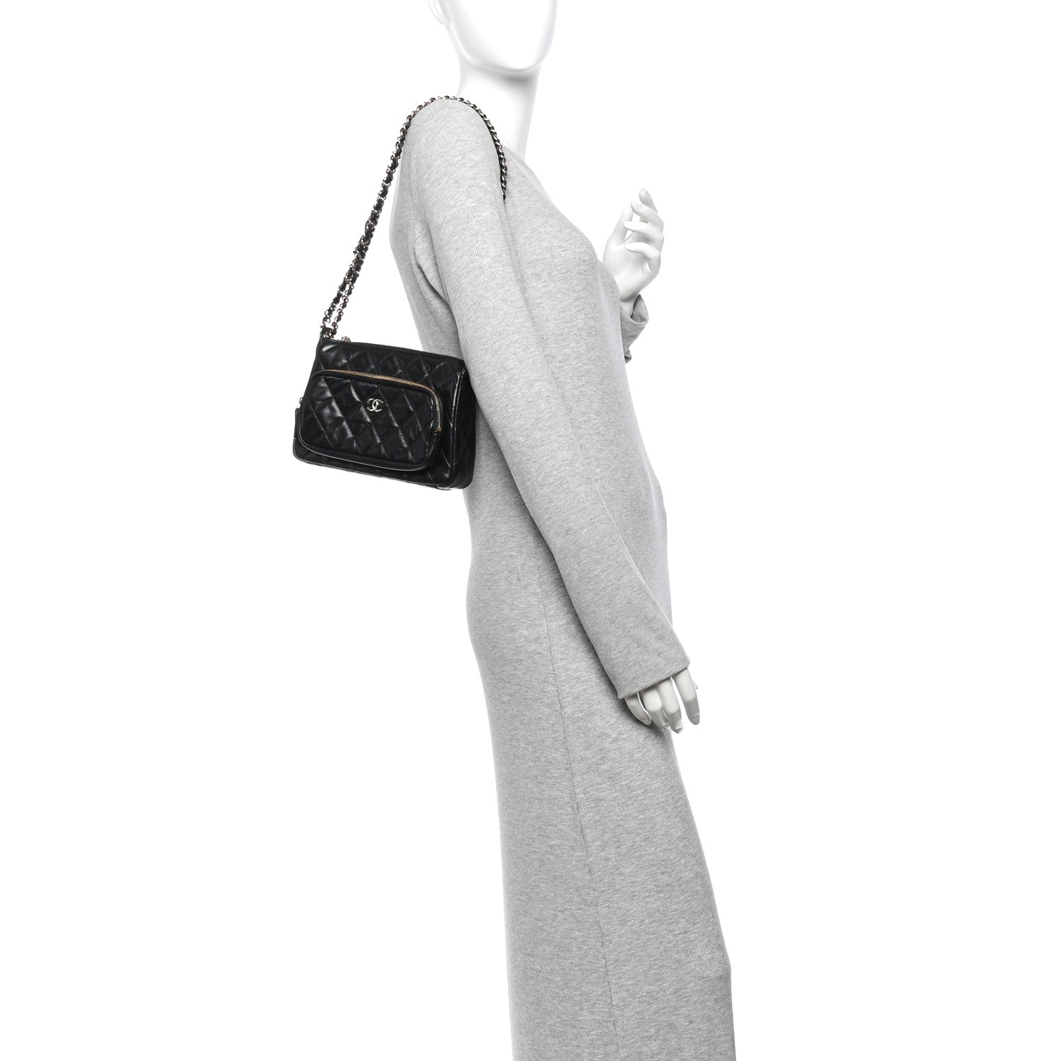 Shiny Crumpled Lambskin Quilted Small Preppy Pocket Clutch With Chain Black — view 2