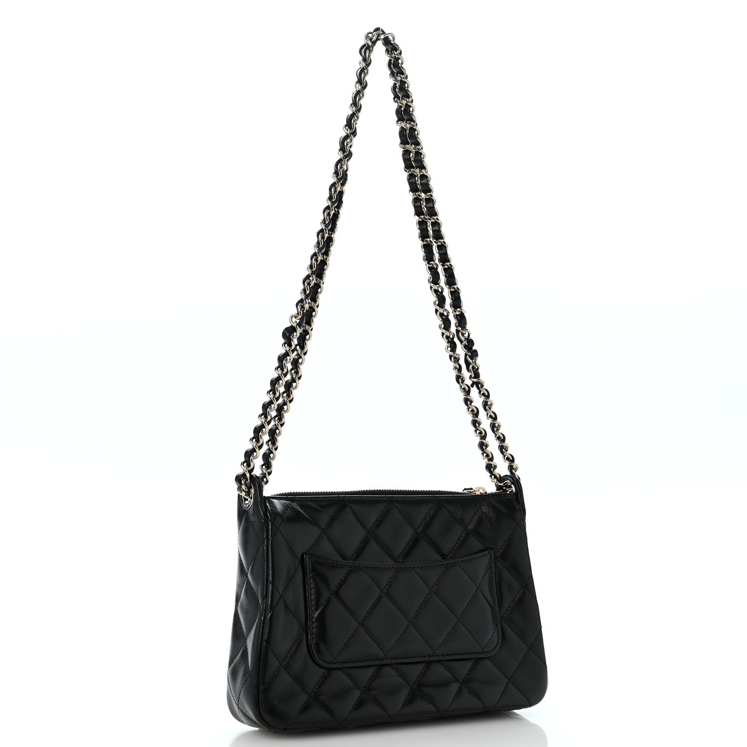 Shiny Crumpled Lambskin Quilted Small Preppy Pocket Clutch With Chain Black — view 3
