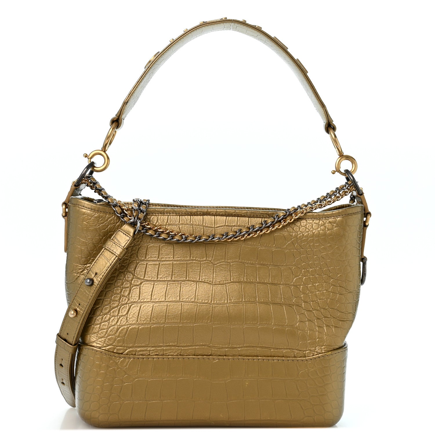 Metallic Calfskin Crocodile Embossed Medium Gabrielle Cocodile Hobo Gold