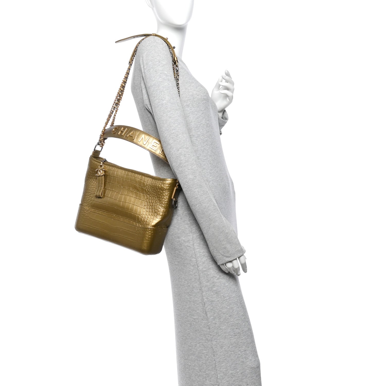 Metallic Calfskin Crocodile Embossed Medium Gabrielle Cocodile Hobo Gold — view 2