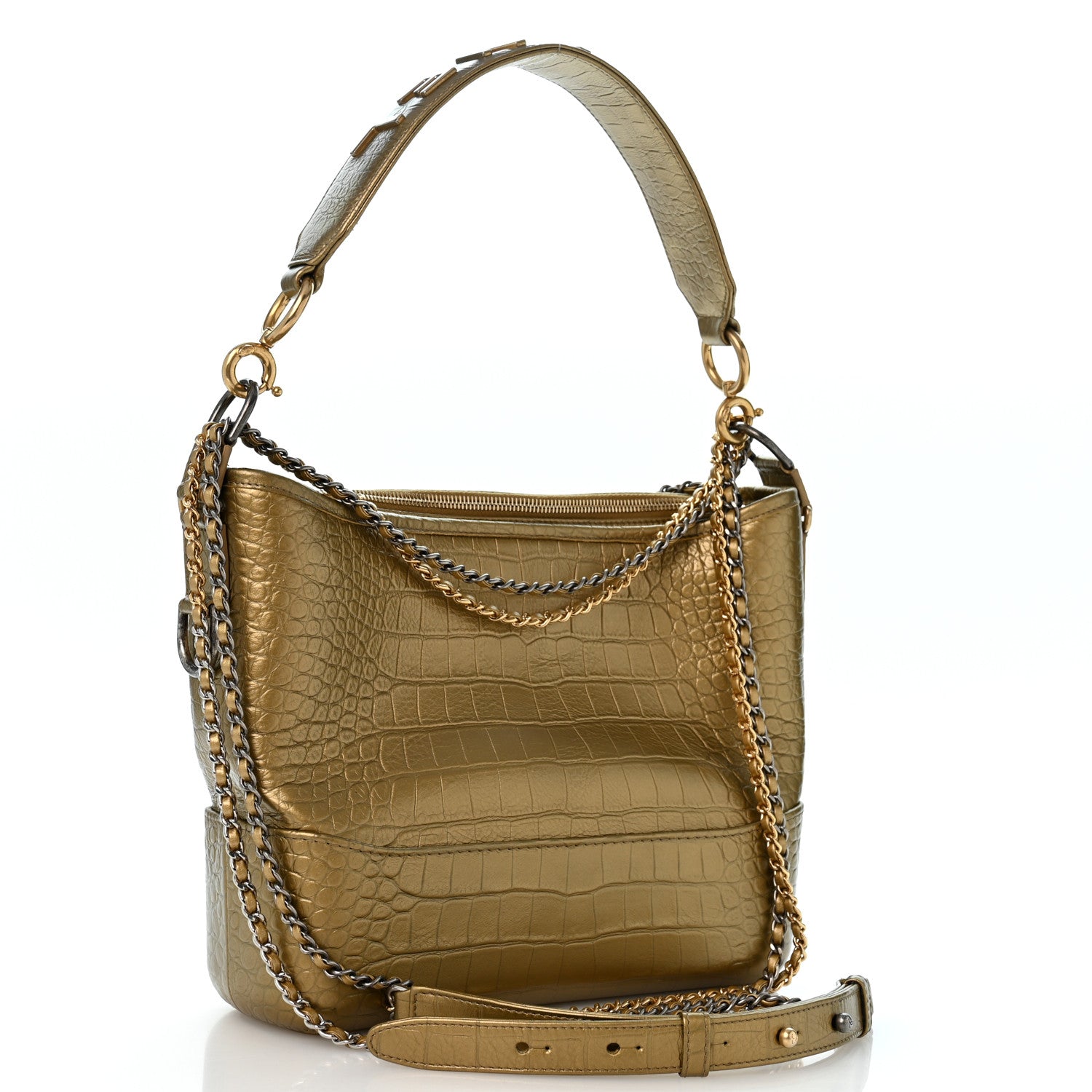 Metallic Calfskin Crocodile Embossed Medium Gabrielle Cocodile Hobo Gold — view 3