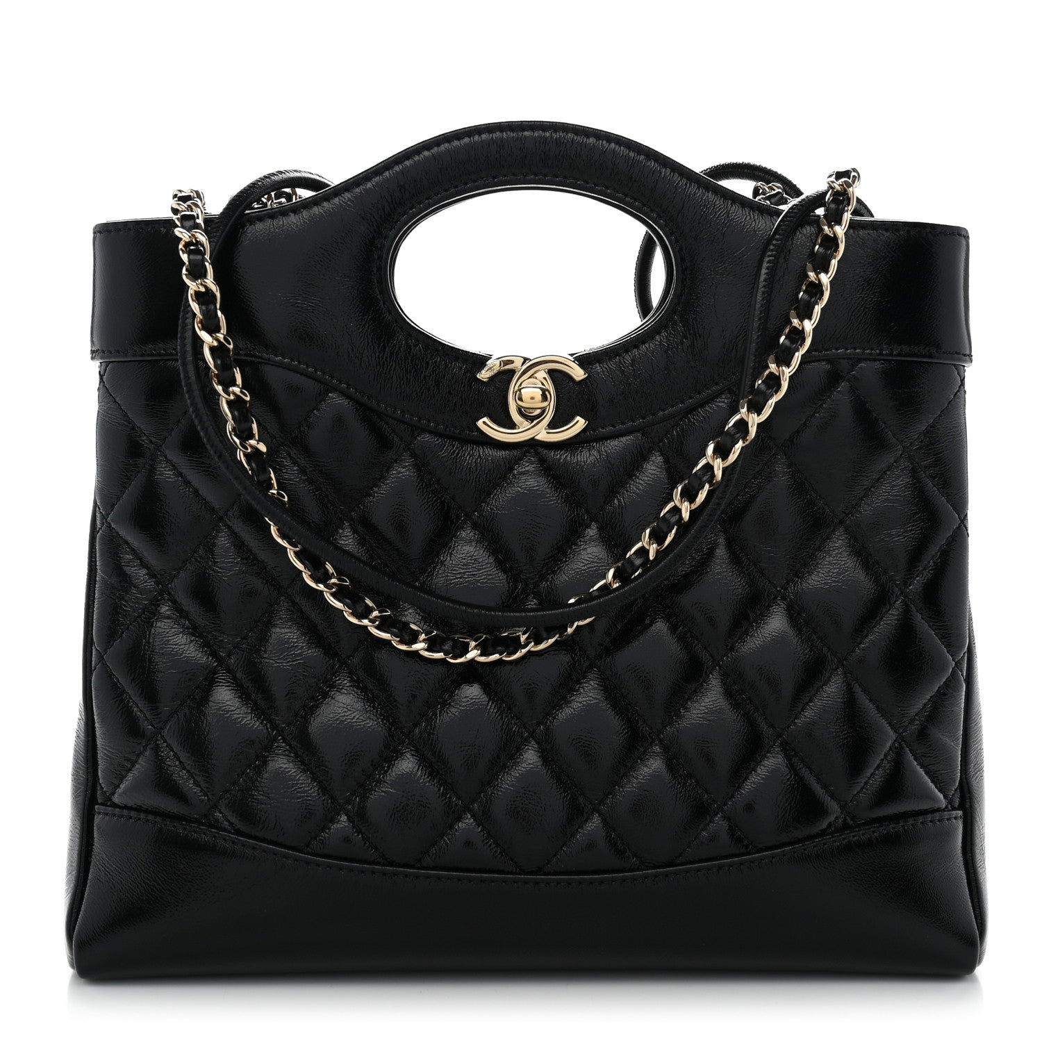 Shiny Crumpled Calfskin Quilted Mini 31 Shopping Bag Black