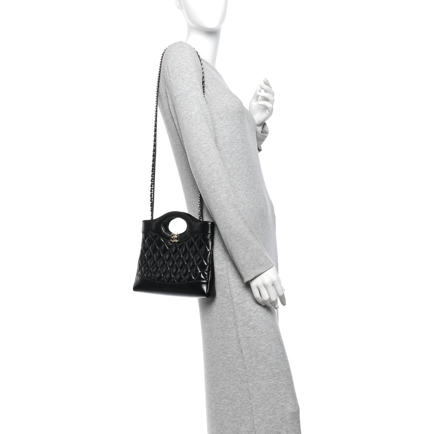 Shiny Crumpled Calfskin Quilted Mini 31 Shopping Bag Black — view 2