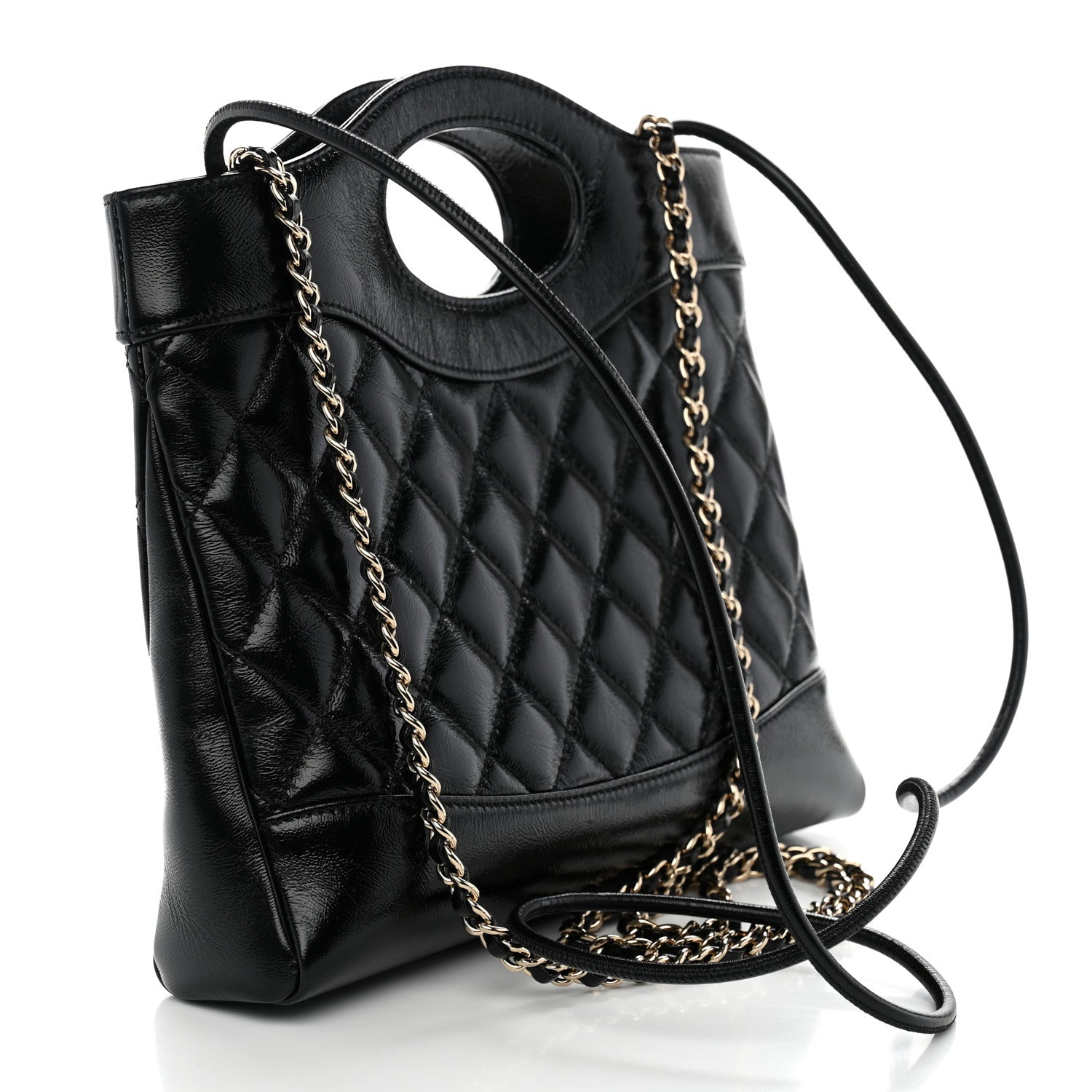 Shiny Crumpled Calfskin Quilted Mini 31 Shopping Bag Black — view 3