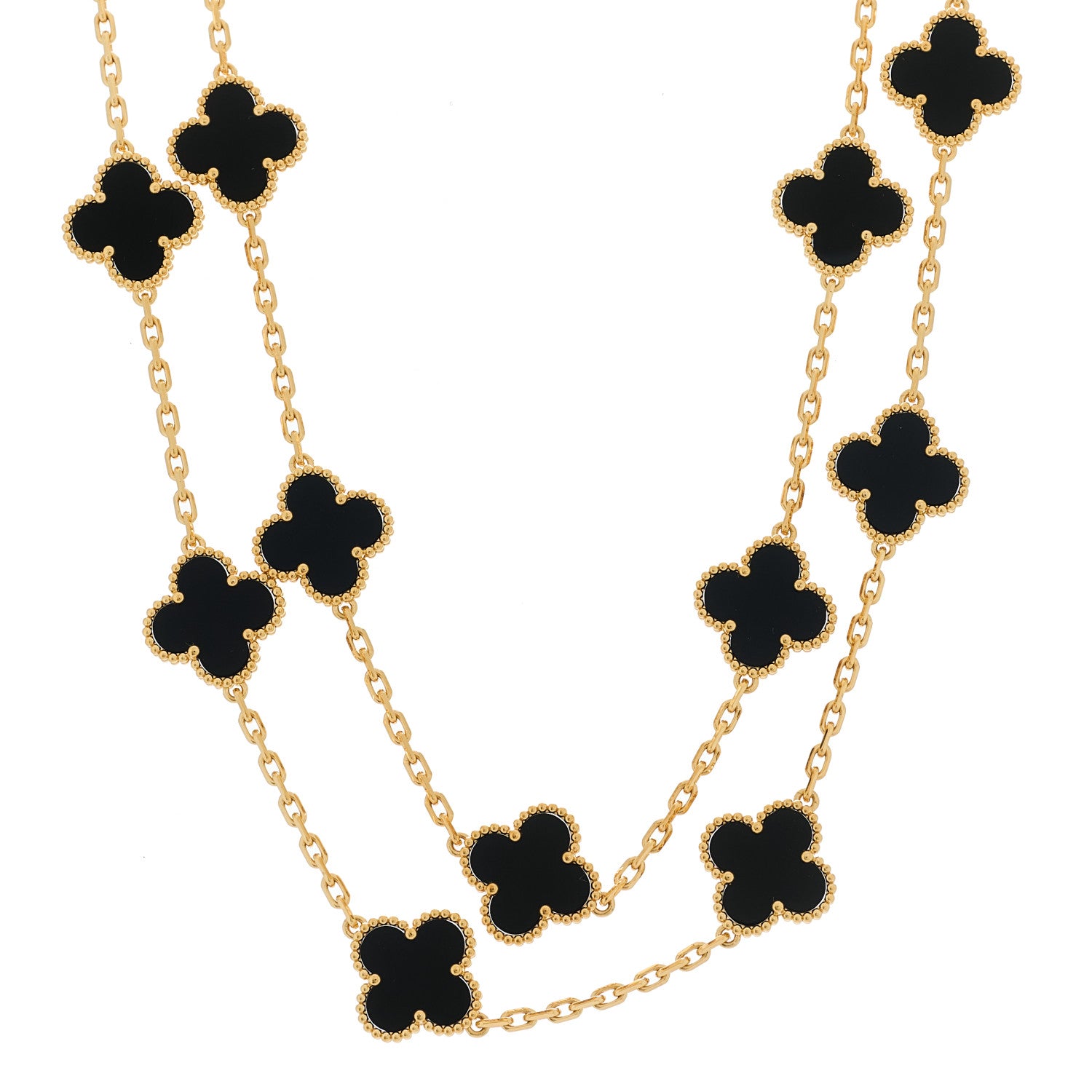 18K Yellow Gold Black Onyx 20 Motifs Vintage Alhambra Necklace