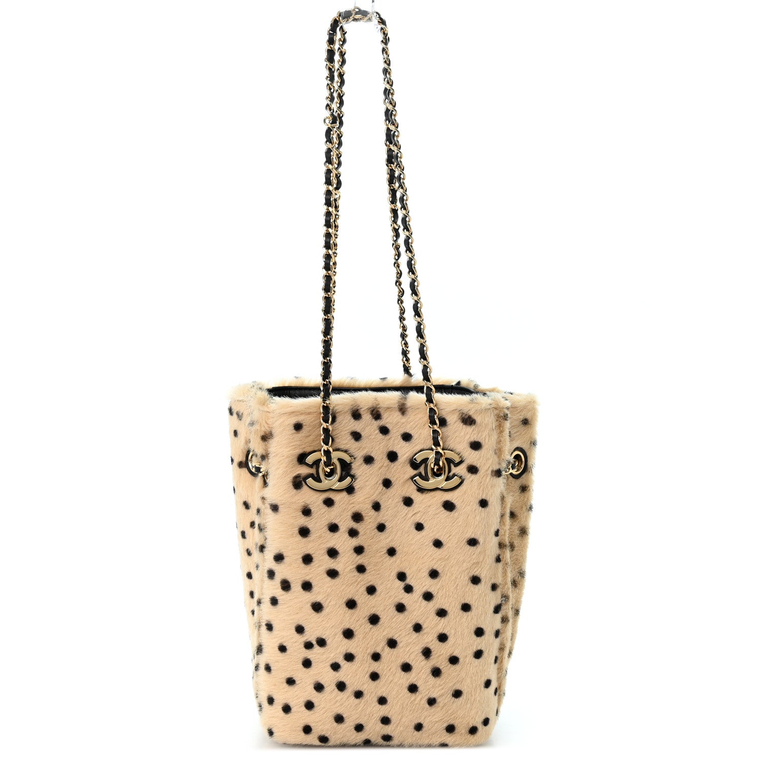 Pony Hair Cheetah Printed CC Chain Bucket Bag Light Beige Black