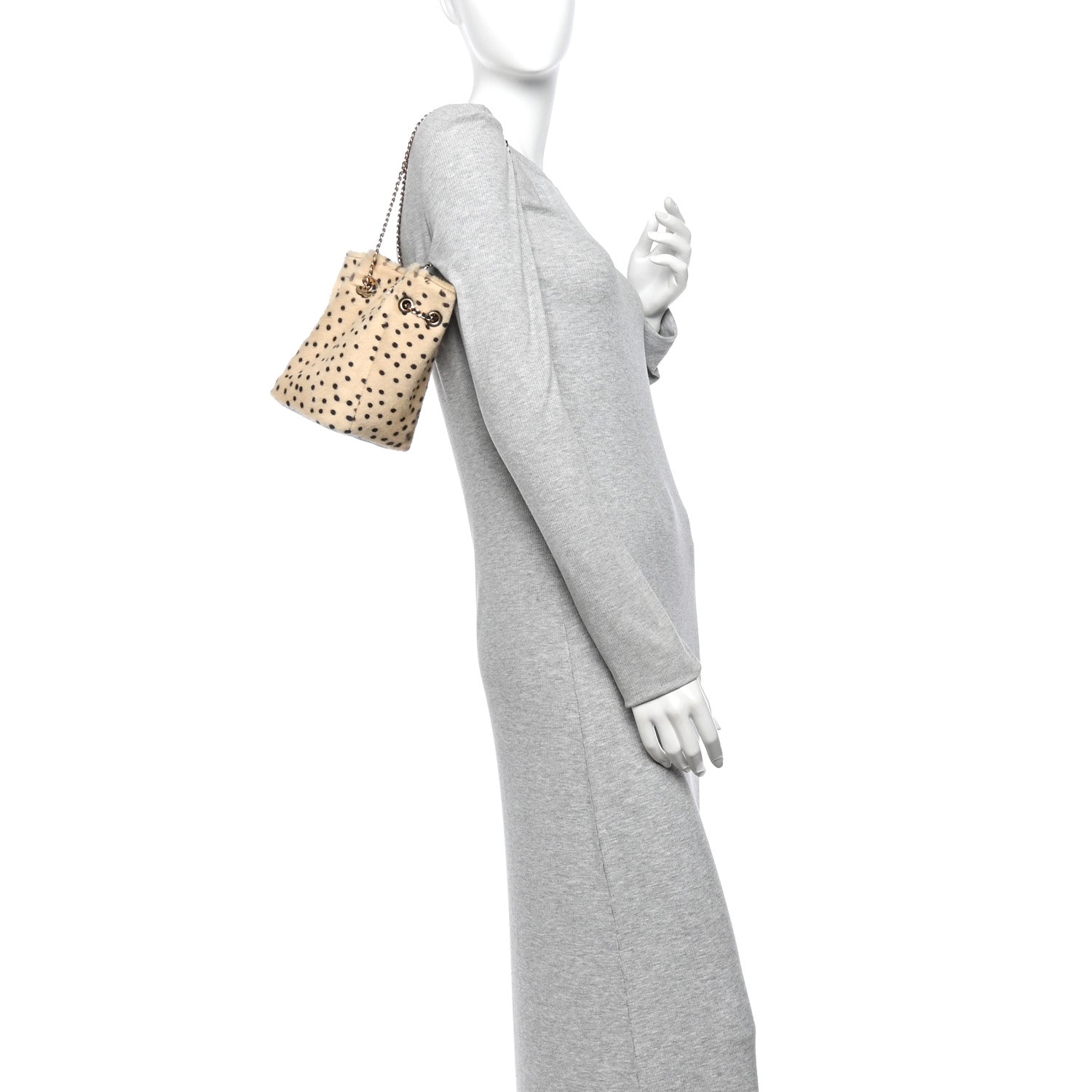 Pony Hair Cheetah Printed CC Chain Bucket Bag Light Beige Black — view 2