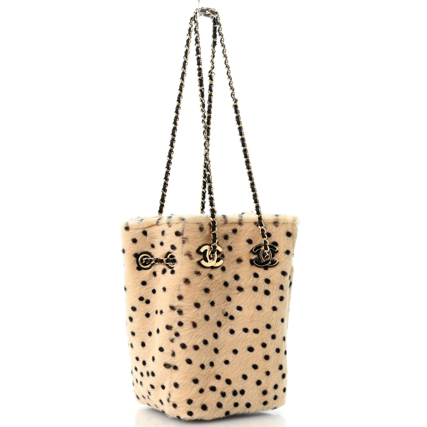 Pony Hair Cheetah Printed CC Chain Bucket Bag Light Beige Black — view 3