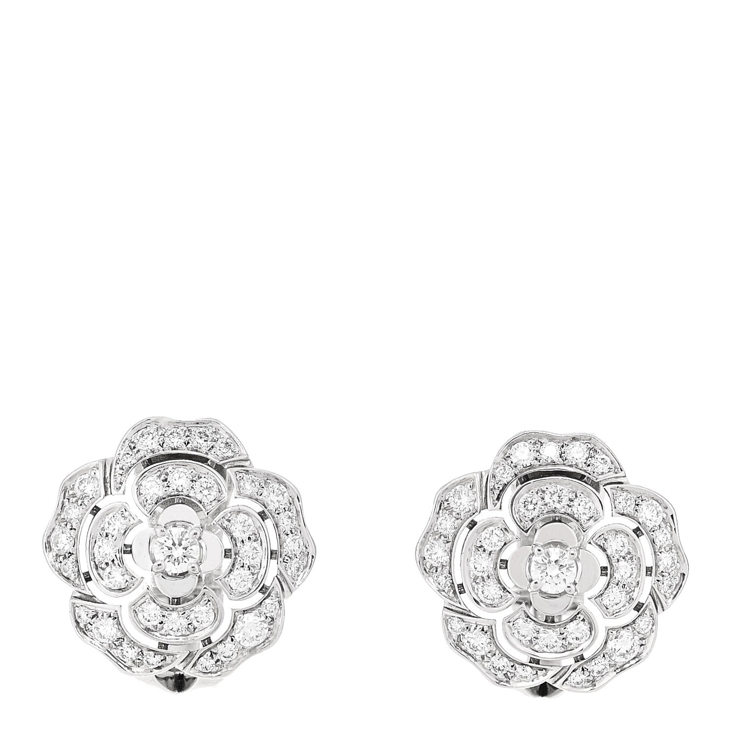 18K White Gold Diamond Bouton de Camélia Earrings