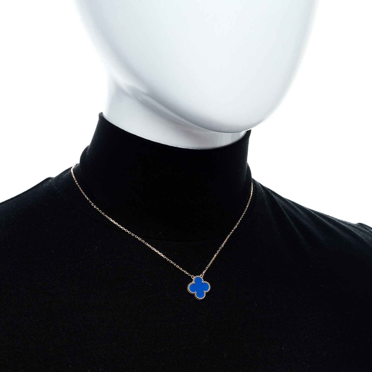 18K Yellow Gold Blue Agate Vintage Alhambra Pendant Necklace — view 2