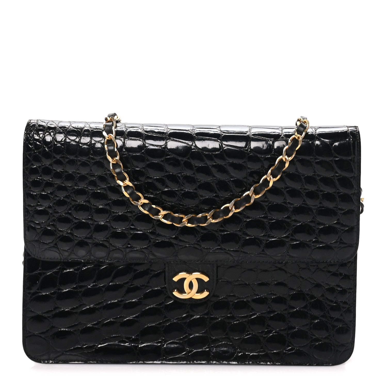 Shiny Crocodile Medium Single Flap Black