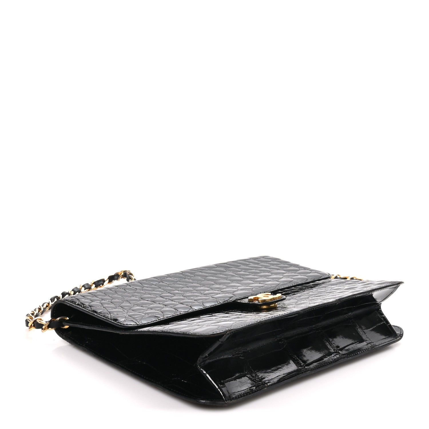 Shiny Crocodile Medium Single Flap Black — view 4