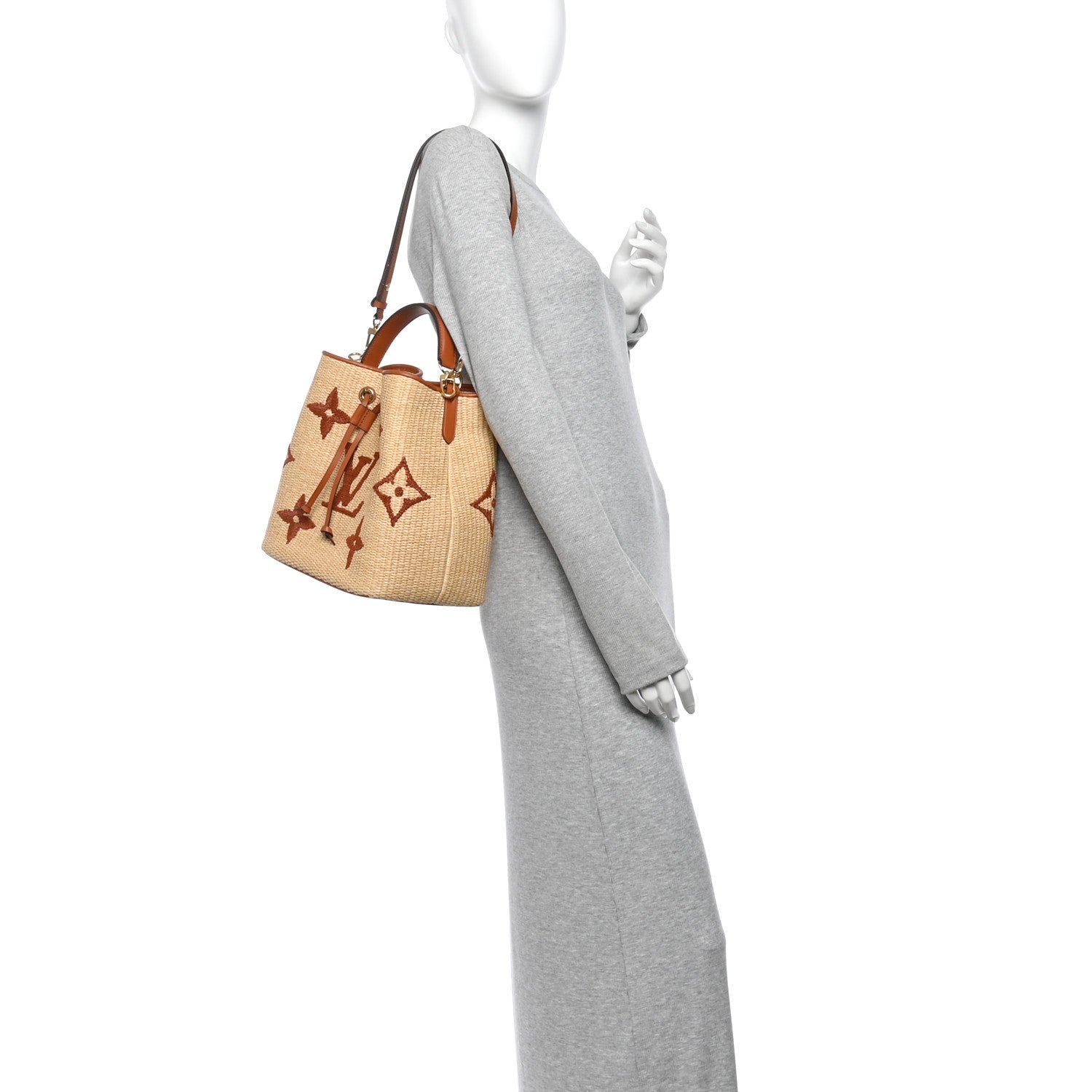 Raffia Calfskin Monogram Neonoe MM Tan — view 2