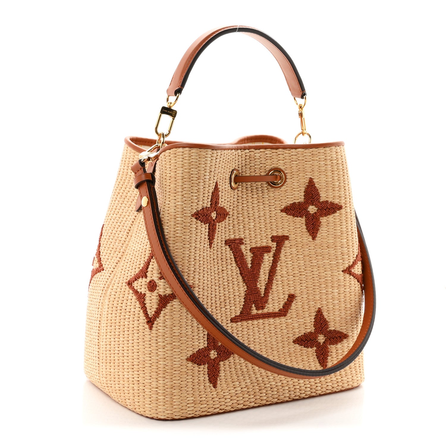 Raffia Calfskin Monogram Neonoe MM Tan — view 3