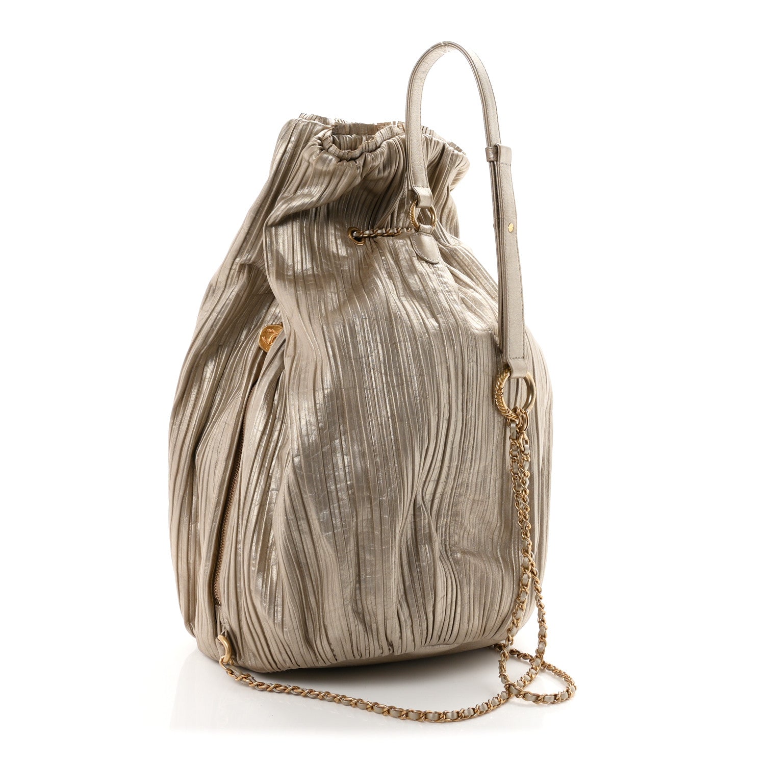 Iridescent Crumpled Calfskin Small Coco Pleats Backpack Gold — view 2