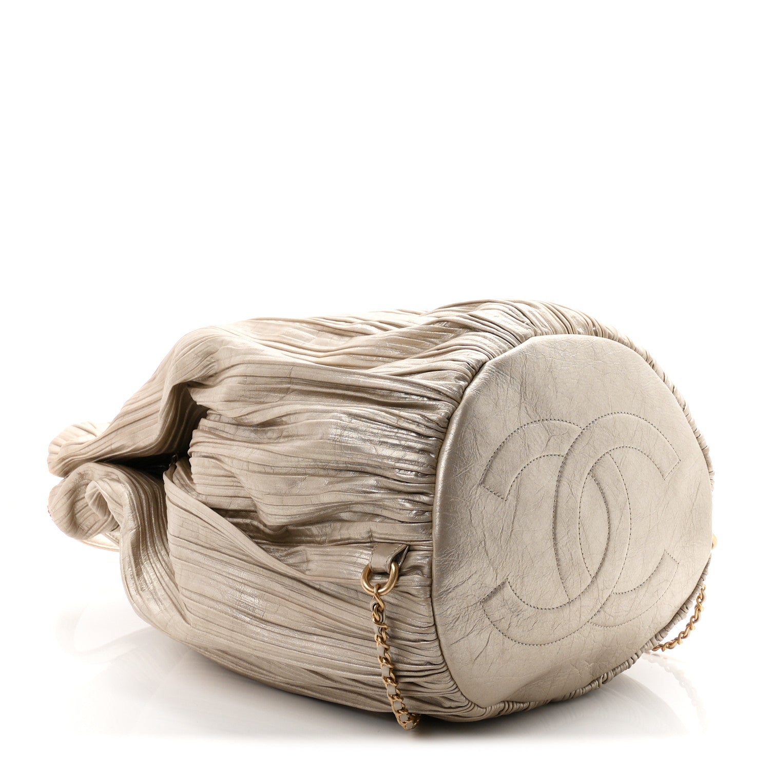 Iridescent Crumpled Calfskin Small Coco Pleats Backpack Gold — view 3