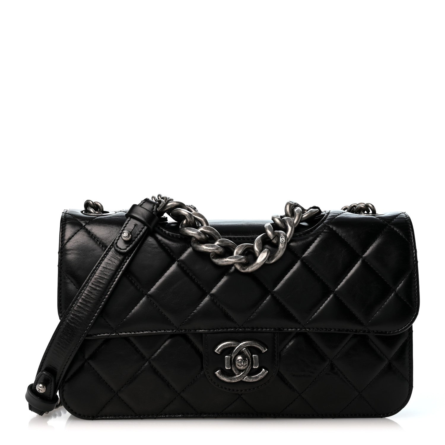 Glazed Calfskin Quilted Medium Perfect Edge Flap Black
