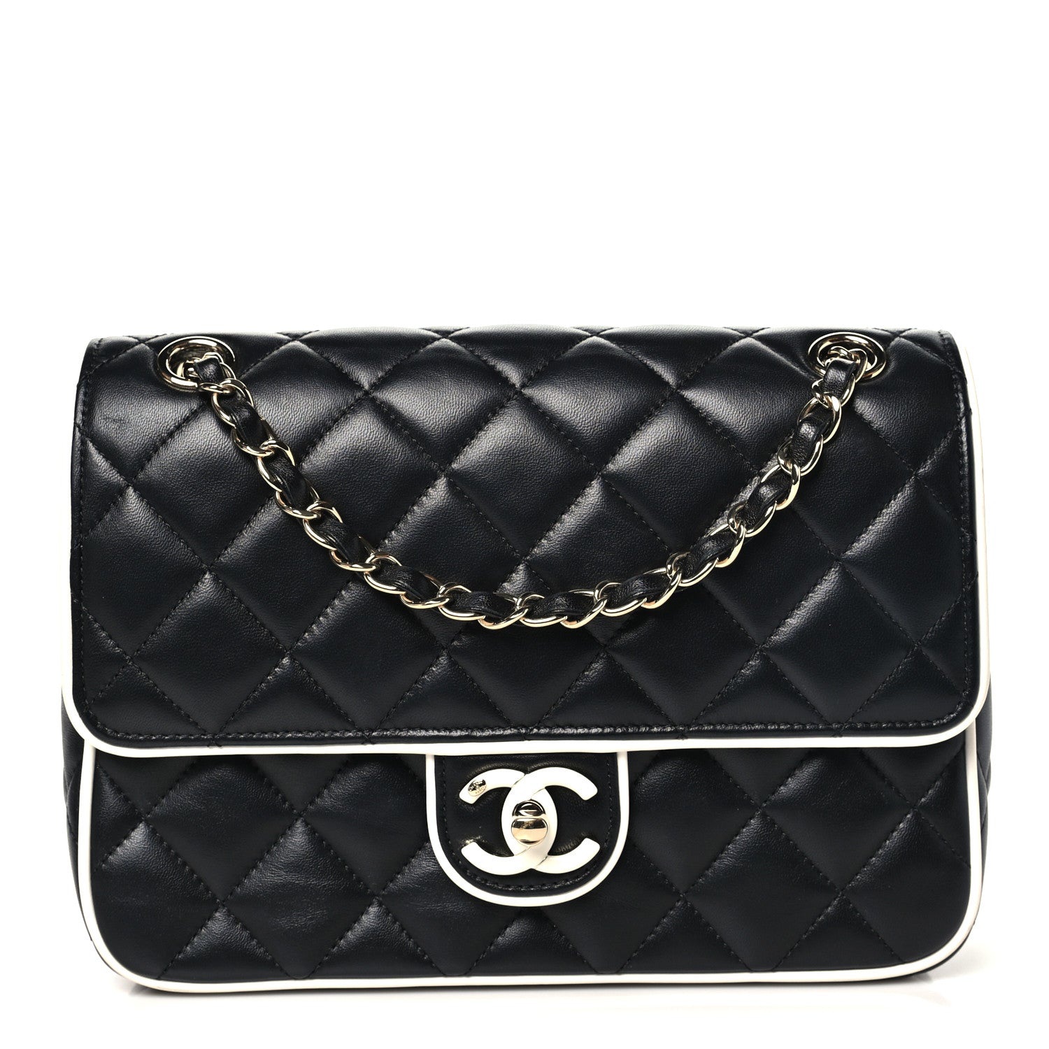 Lambskin Quilted Resin Graphic Frame Flap Bag Black White