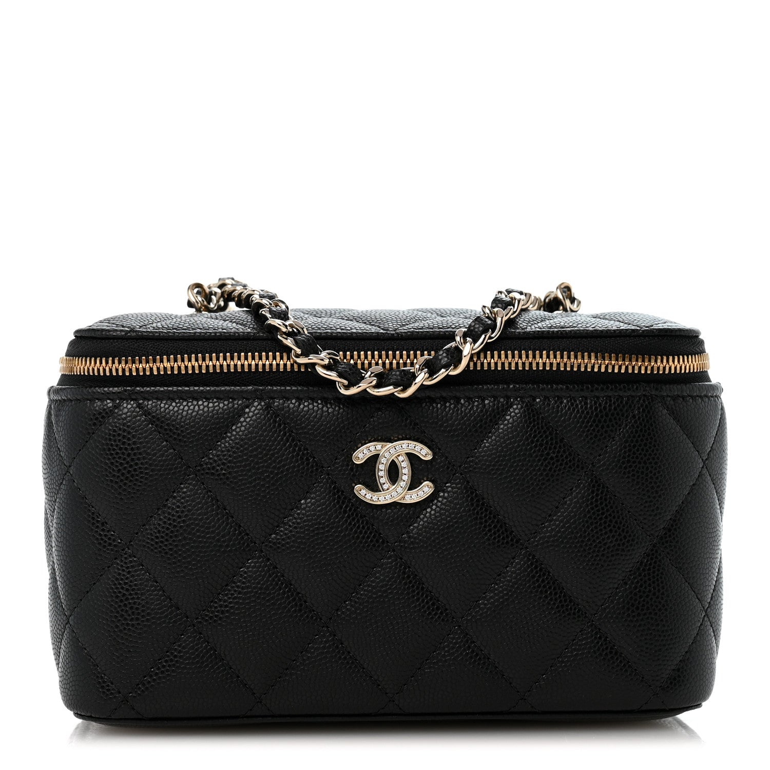 Caviar Quilted Crystal CC Logo Vanity Case With Chain Black