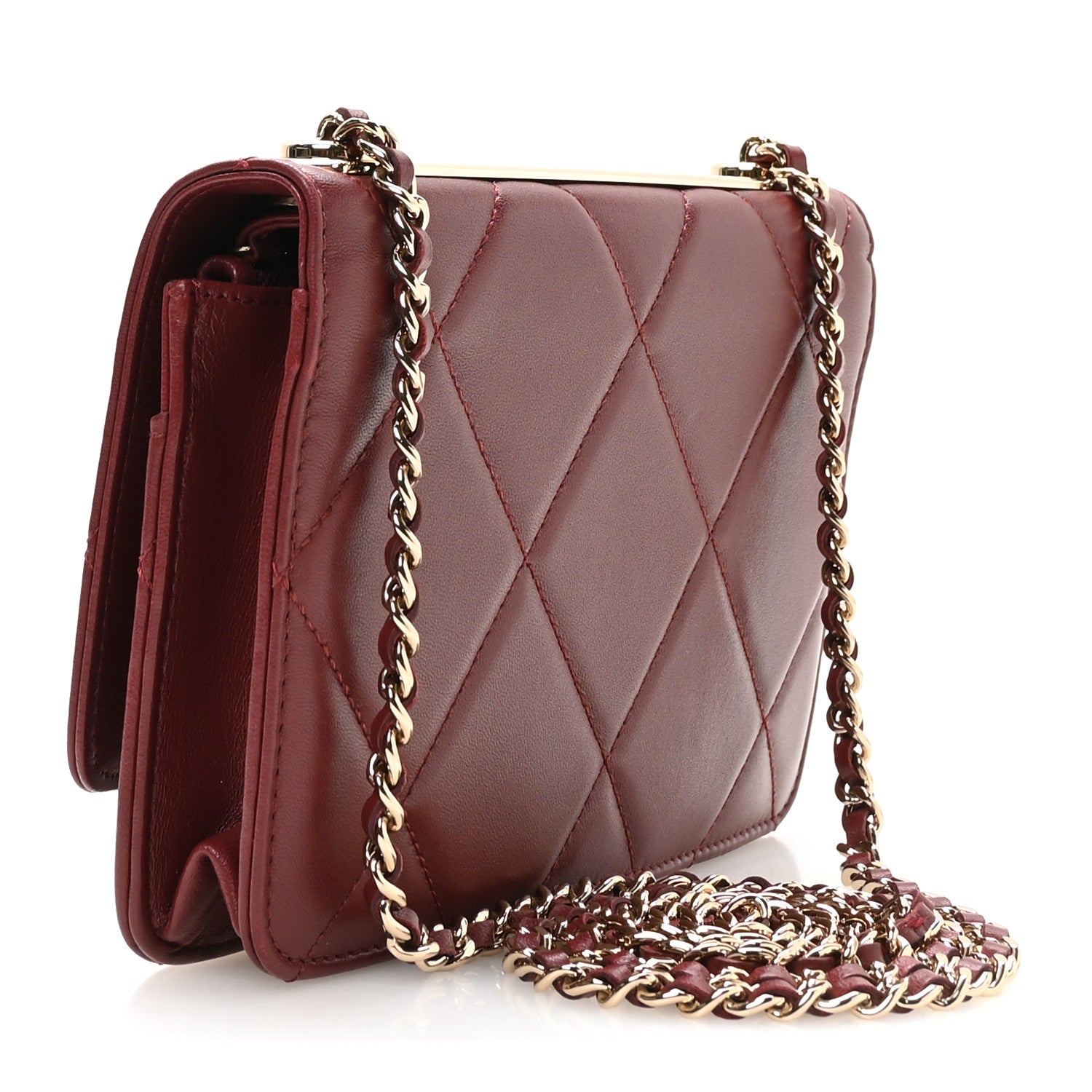 Lambskin Quilted Trendy CC Wallet On Chain WOC Burgundy — view 3