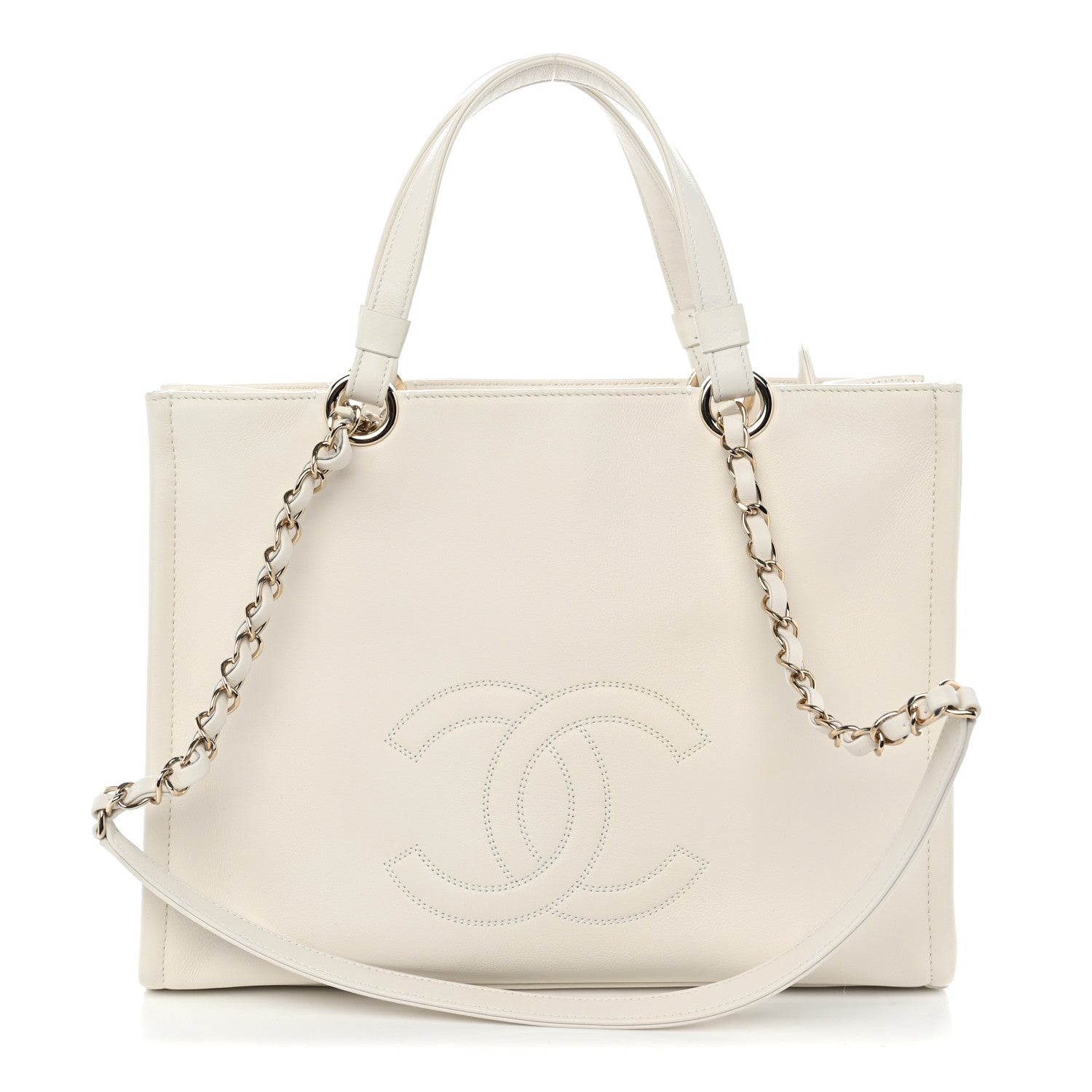 Calfskin CC Zipped Shopping Tote White