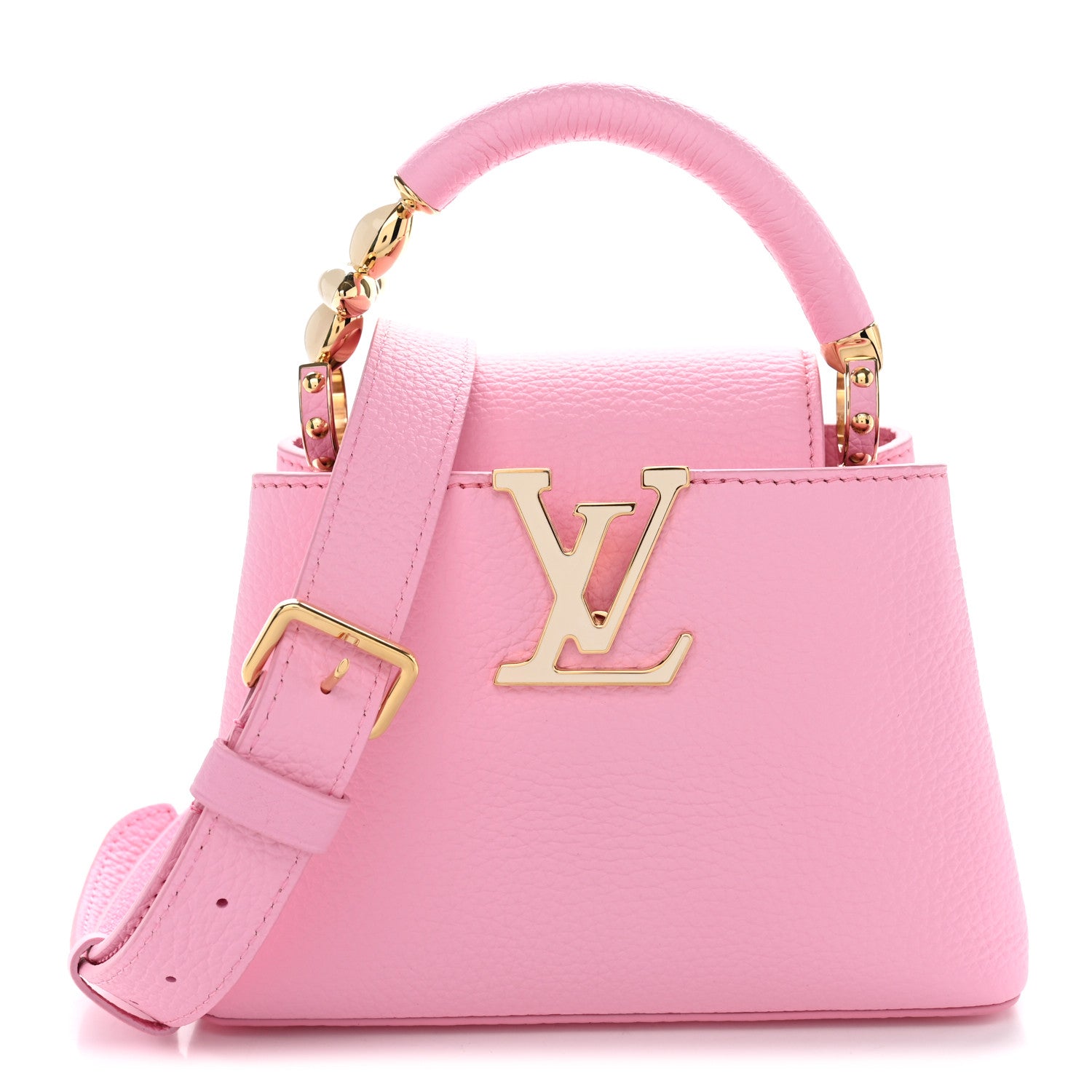 Taurillon Embellished Flower Handle Capucines Mini Marshmallow Pink