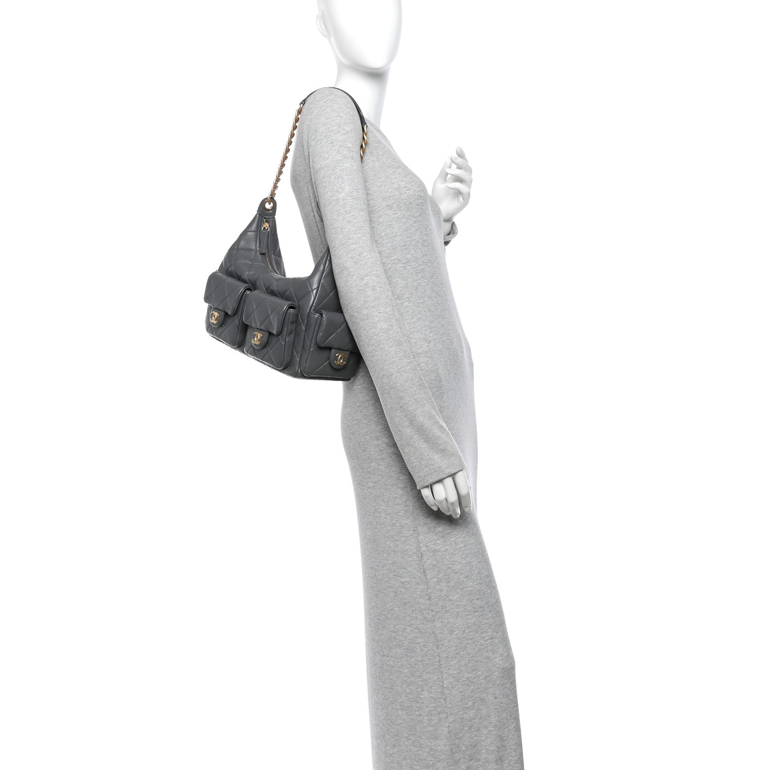 Shiny Lambskin Quilted Trendy Pockets Hobo Dark Grey — view 2