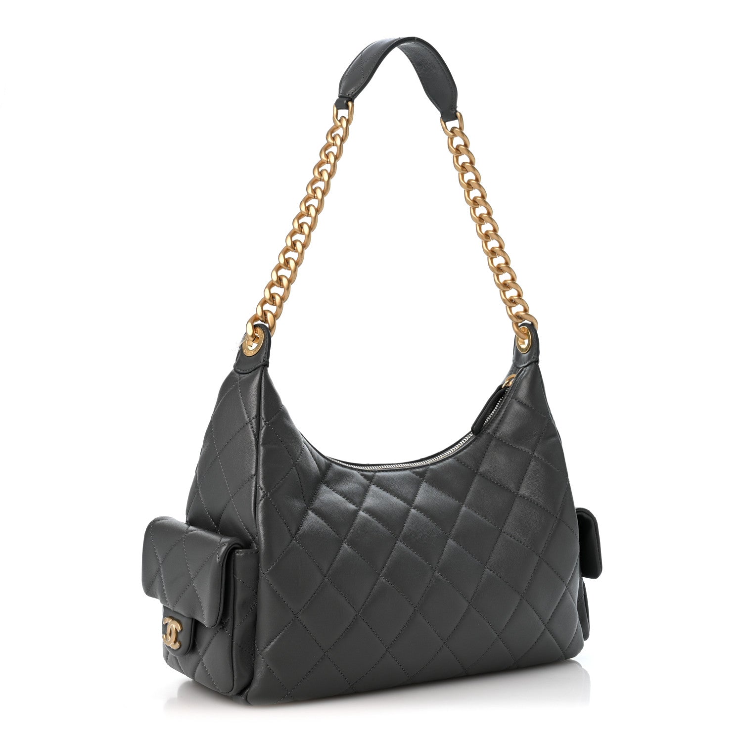Shiny Lambskin Quilted Trendy Pockets Hobo Dark Grey — view 3