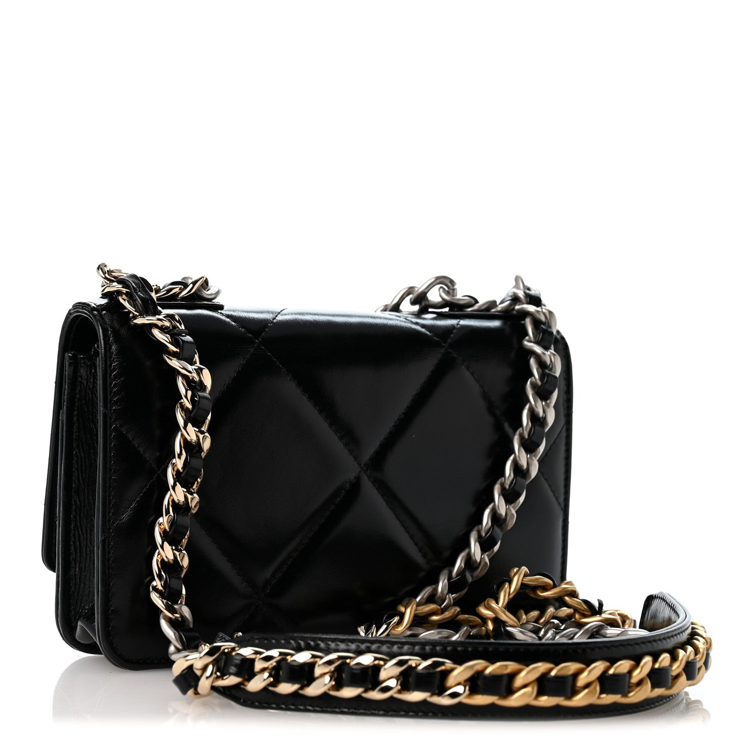 Shiny Crumpled Calfskin Quilted Chanel 19 Wallet On Chain WOC Black — view 3