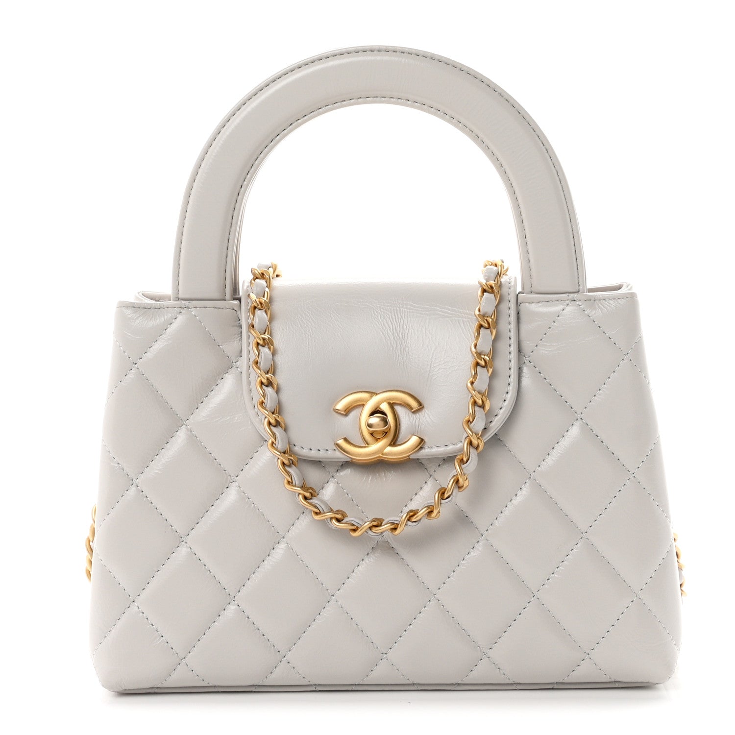 Shiny Aged Calfskin Quilted Nano Kelly Shopper Light Grey