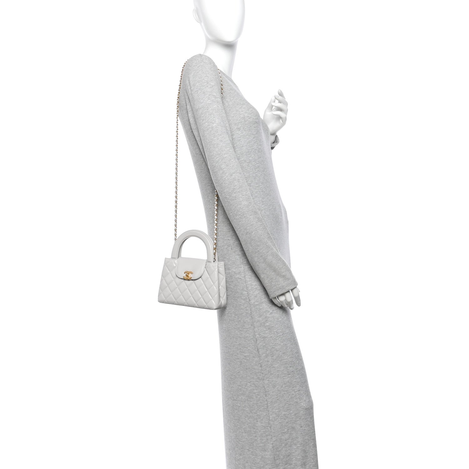 Shiny Aged Calfskin Quilted Nano Kelly Shopper Light Grey — view 2
