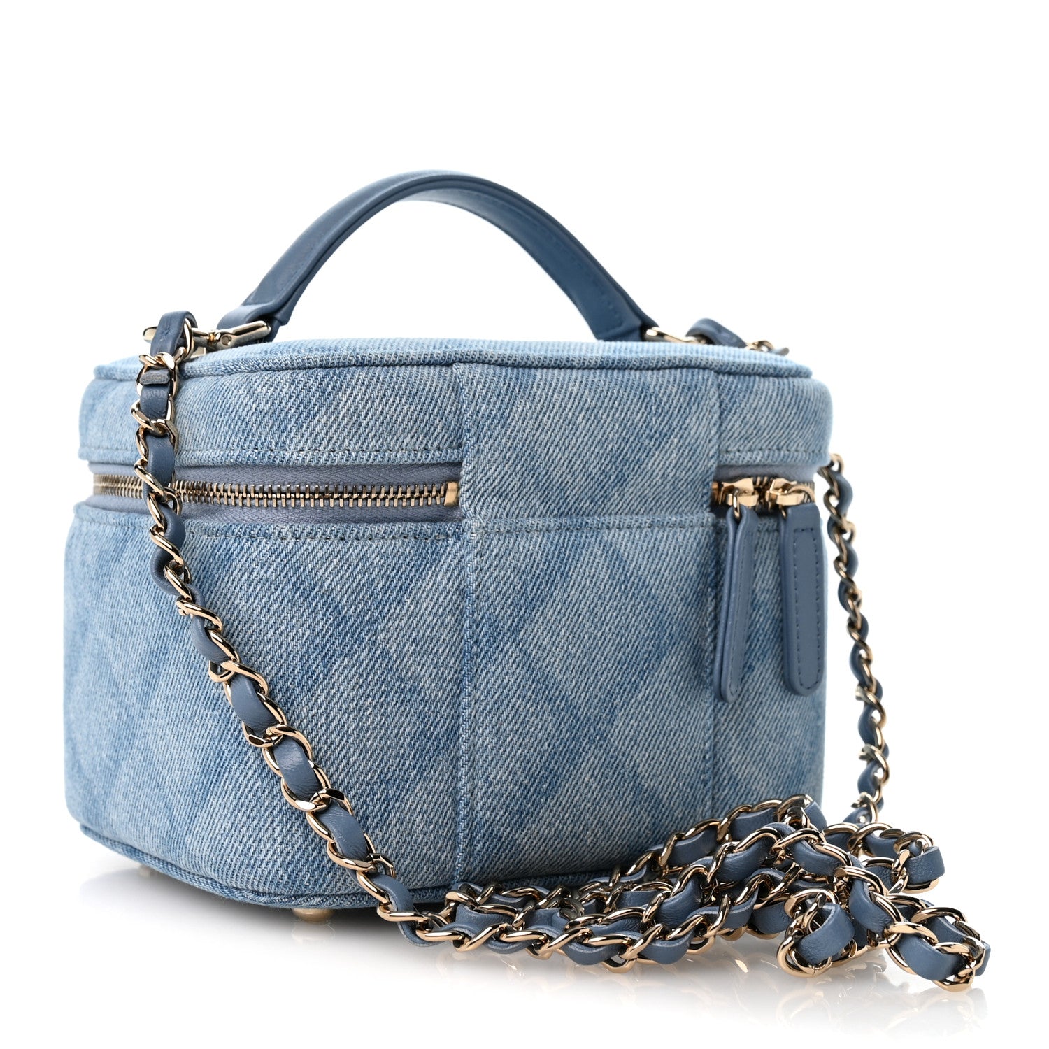 Printed Denim Quilted Mini Top Handle Vanity Case With Chain Light Blue — view 3