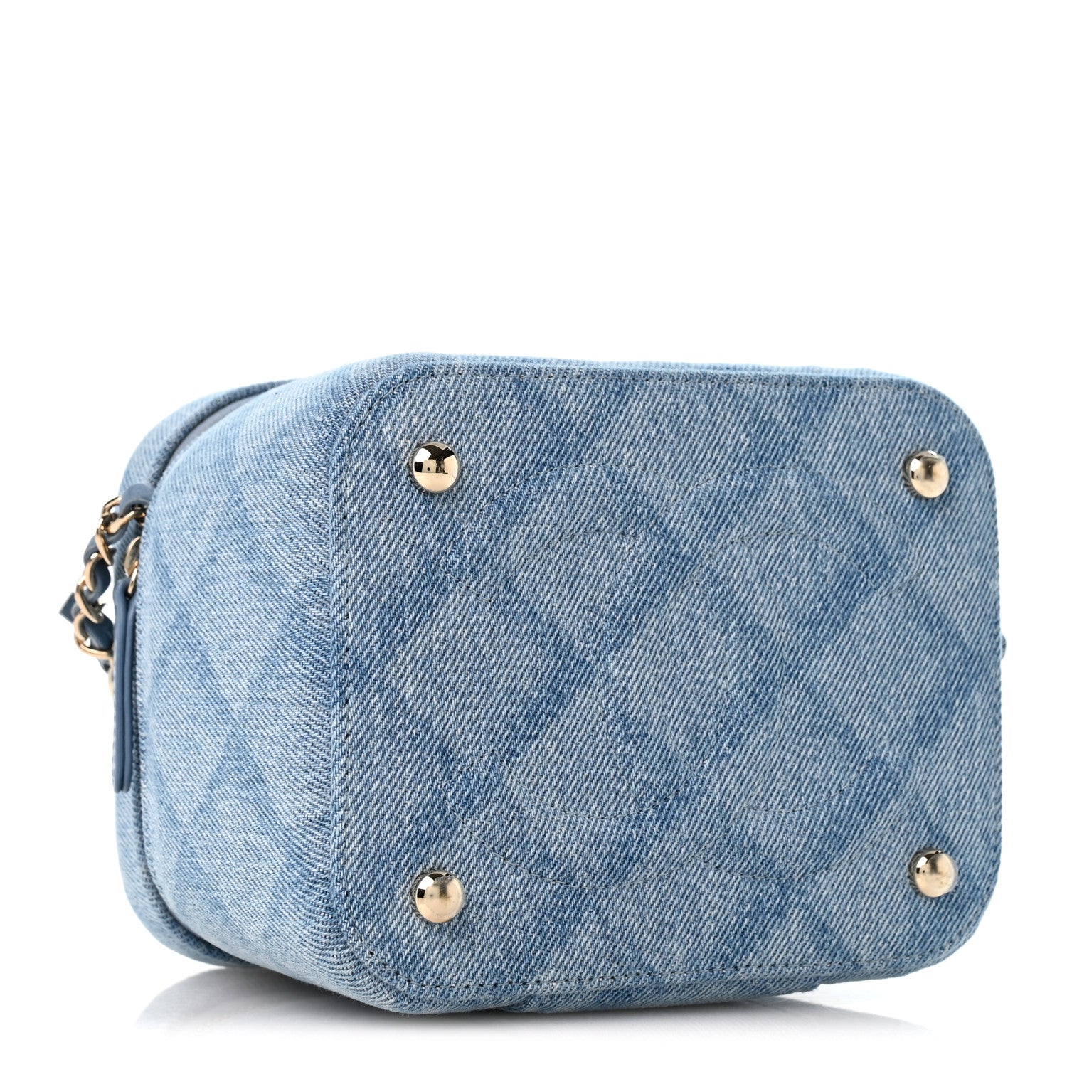 Printed Denim Quilted Mini Top Handle Vanity Case With Chain Light Blue — view 4