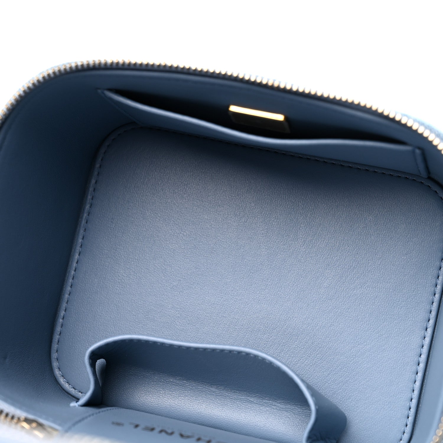 Printed Denim Quilted Mini Top Handle Vanity Case With Chain Light Blue — view 5