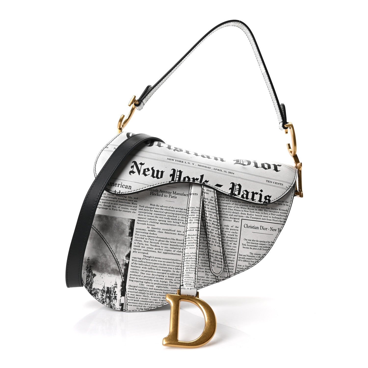 Calfskin Newspaper Printed Saddle Bag With Strap Black White