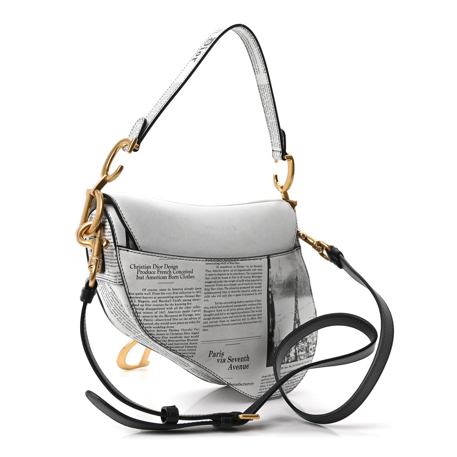 Calfskin Newspaper Printed Saddle Bag With Strap Black White — view 2