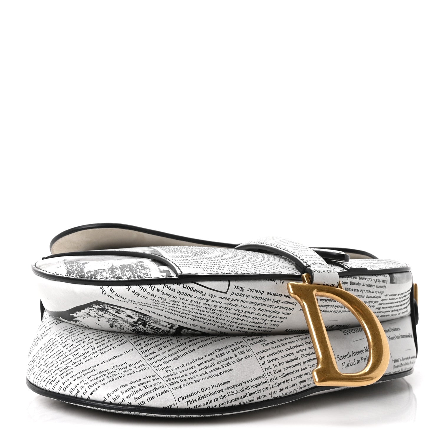 Calfskin Newspaper Printed Saddle Bag With Strap Black White — view 3