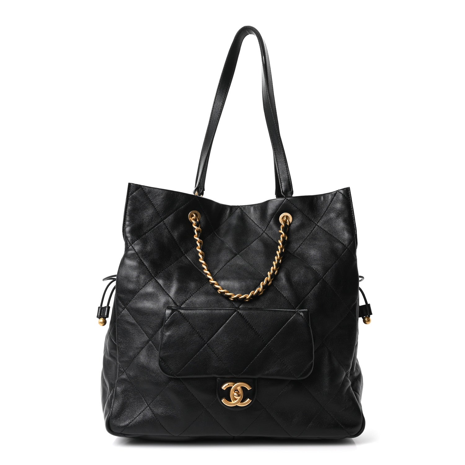 Shiny Lambskin Quilted Shopping Bag Black