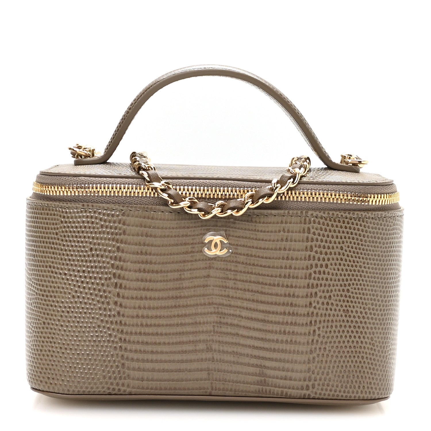 Calfskin Lizard Embossed Top Handle Vanity With Chain Dark Khaki