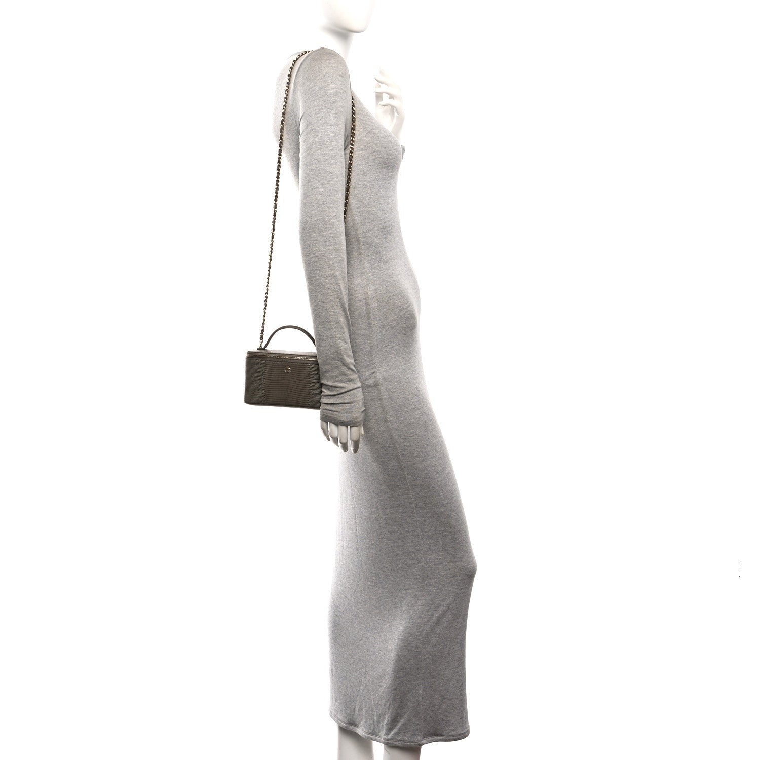 Calfskin Lizard Embossed Top Handle Vanity With Chain Dark Khaki — view 2