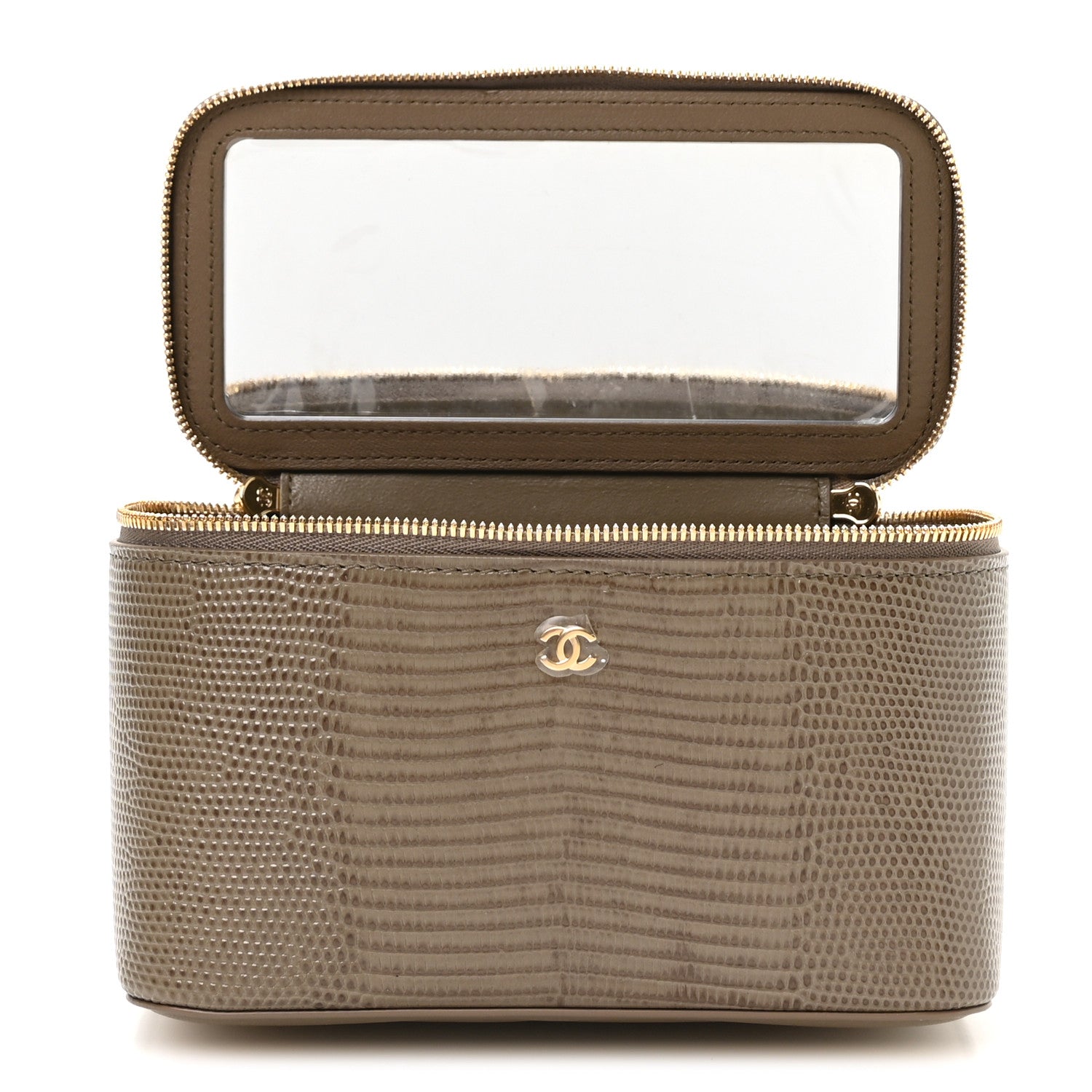 Calfskin Lizard Embossed Top Handle Vanity With Chain Dark Khaki — view 3
